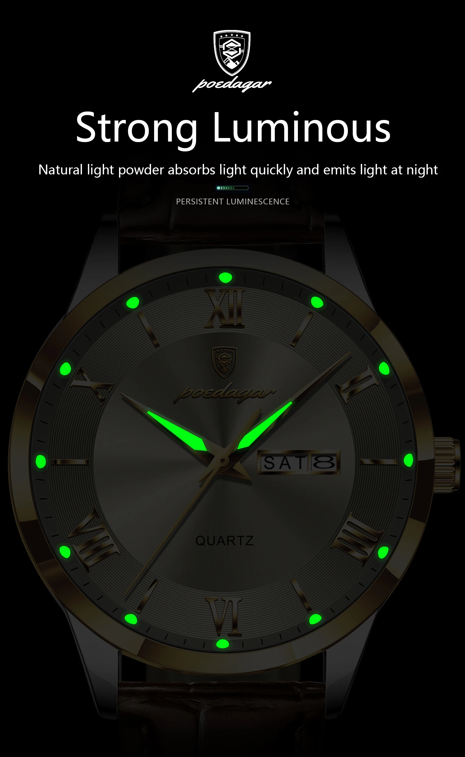 POEDAGAR Original Mode Uhr Für Mann Leder Datum Woche Quarz Männer Uhr Wasserdicht Leucht Business herren Uhren Männlich Reloj – Detail 11