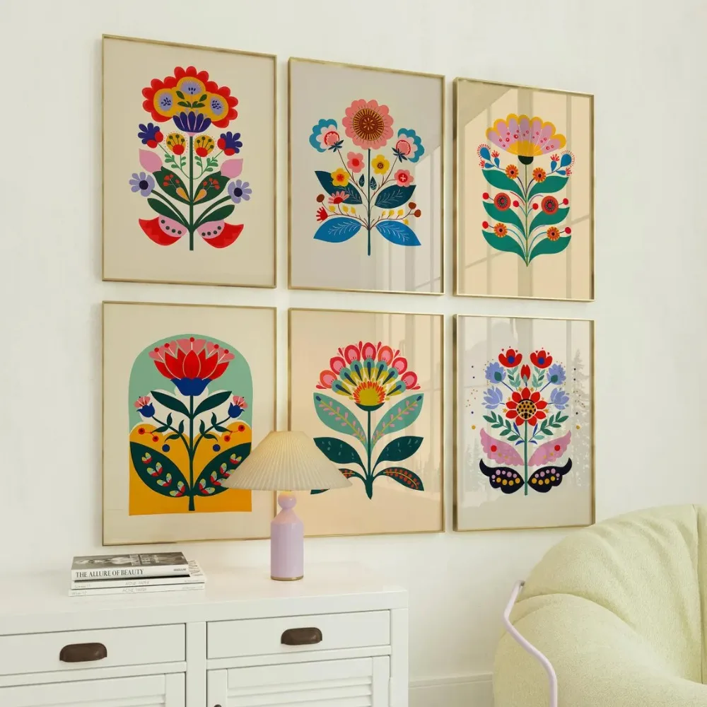 6pcs Frameless Scandinavian Folk Art Flower Wall Poster Set, Covering Plant Printing, Multicolor Flowers, Living Room Decoration