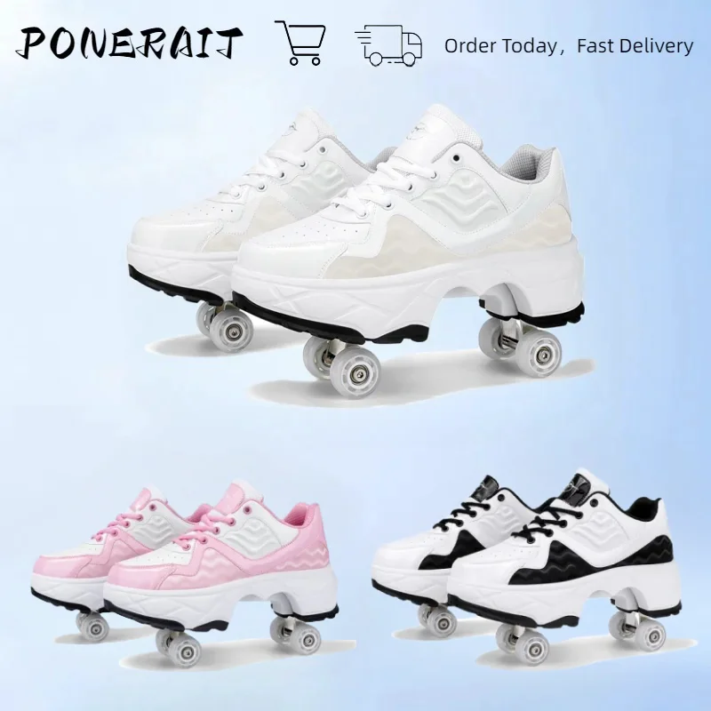 2024 New Fashion Deformation Parkour Outdoor Kids Portable Spin Button Deformation Roller Withwheels Women\'S Casual Sneakers