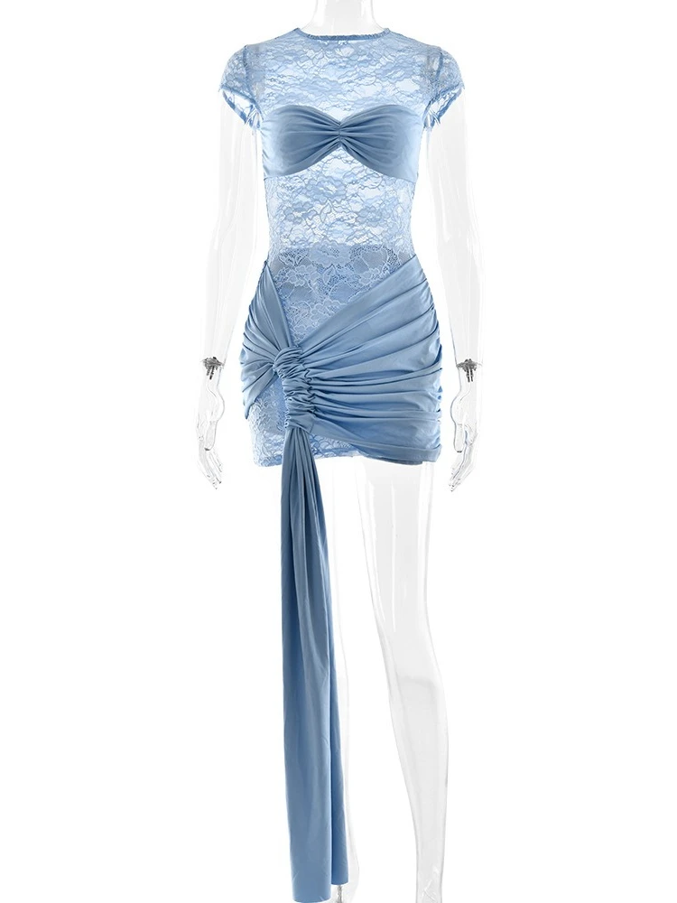 Xiaootang elegante renda retalhos vestido de alça apertada feminino sexy dupla camada perspectiva emagrecimento festa clube vestido de noite 2025