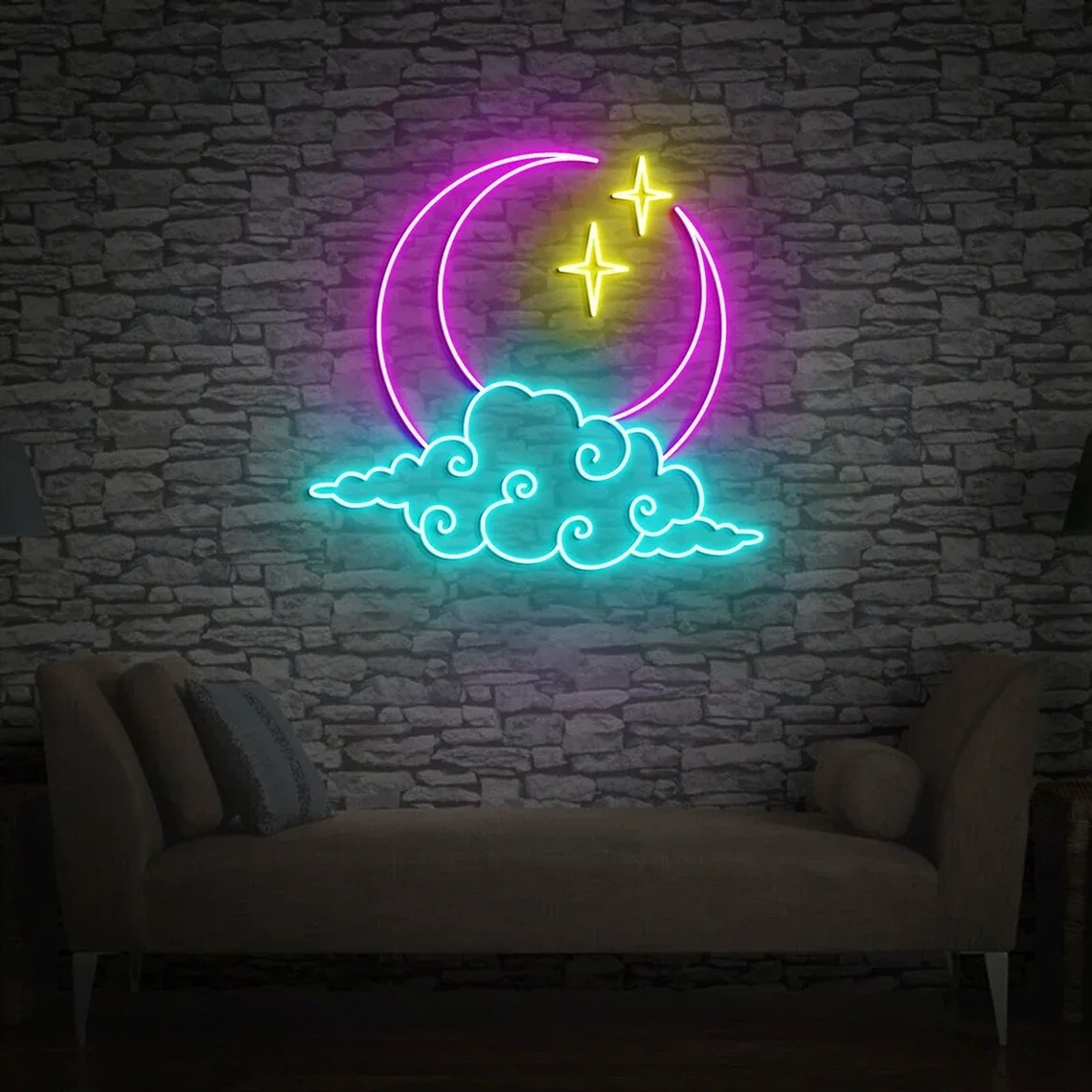 

Moon Cloud Star Neon Sign Custom Bedroom Moon Clouds Wall Decor Neon Light Office Moon Decor Art Neon Lamp