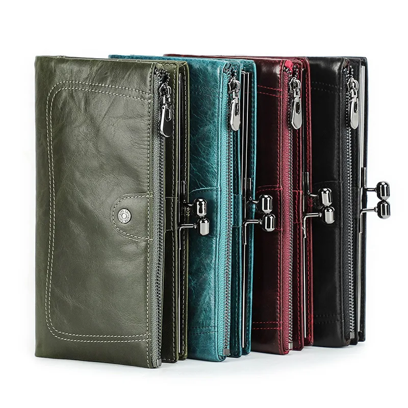 British Style Head Layer Cowhide High End Iron Compared Wallet  Anti Theft Brush Long Genuine Women's Leather Clip Women Wallets