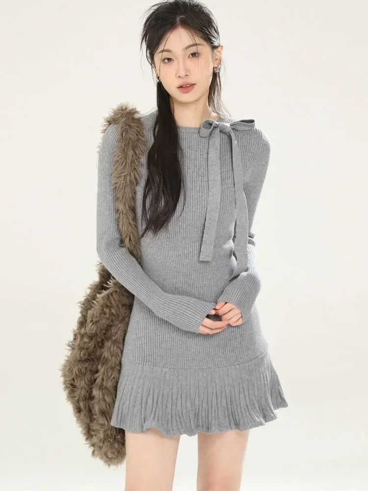 

Women Casual Knitwears Sweater Pullover Vestidos Korean Design Slim Bow Knitted Dress Classic Solid Elegant Long Sleeve Dresses