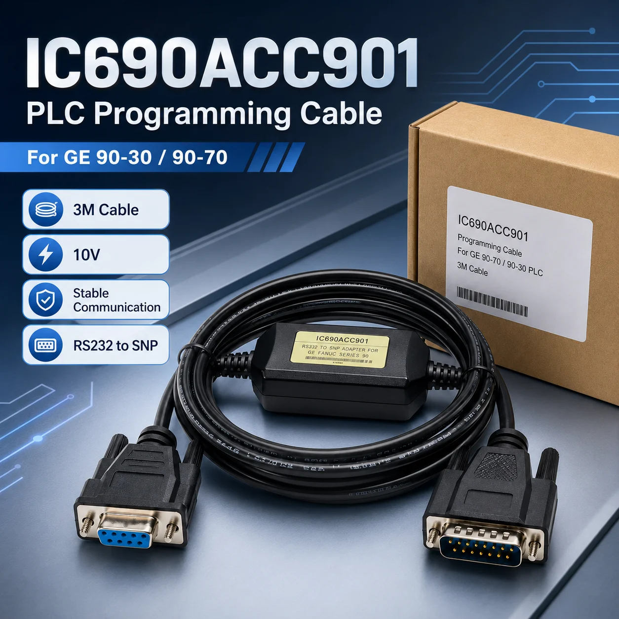 IC690ACC901 3M PLC Programming Cable, RS232 to SNP DB9 Female to DB15 Male Download Lead for GE 90-30/90-70, 10V