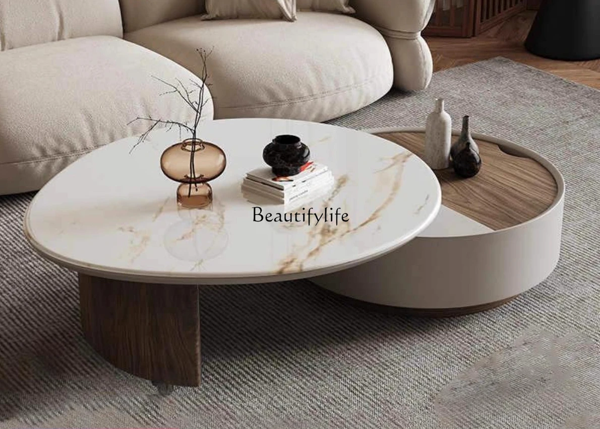 Cream style round coffee table living room modern simple rotatable slate round coffee table table for home use