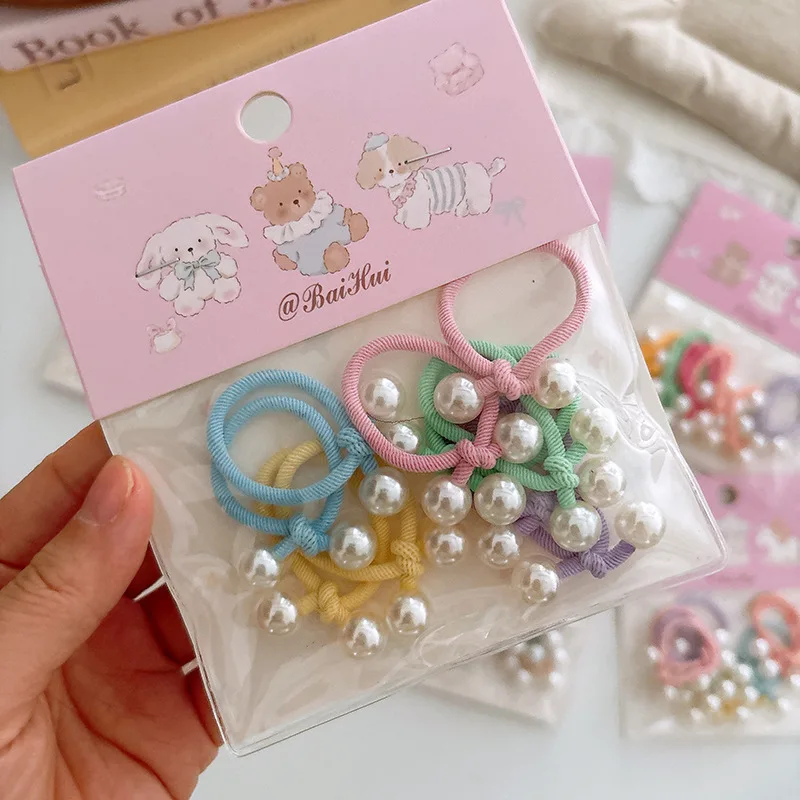 10pcs Bag Colorful High Elastic Knotted Pearl Hair Ties Set Sweet All Match Soft Non Hurt Kids Girls Ponytail Hair Accessories