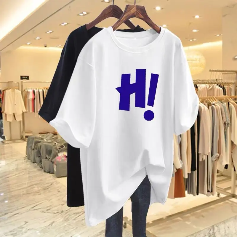 Summer New White Pure Cotton Large Loose Basic T-shirt Women's Fashion Simple Letter Short Sleeve Versatile Leisure Top Lady Tee