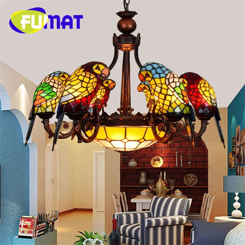 FUMAT Tiffany style stained glass Elegant parrot Bird multi-head Pendant lamp Hotel Villa living room dining hallway LED decor