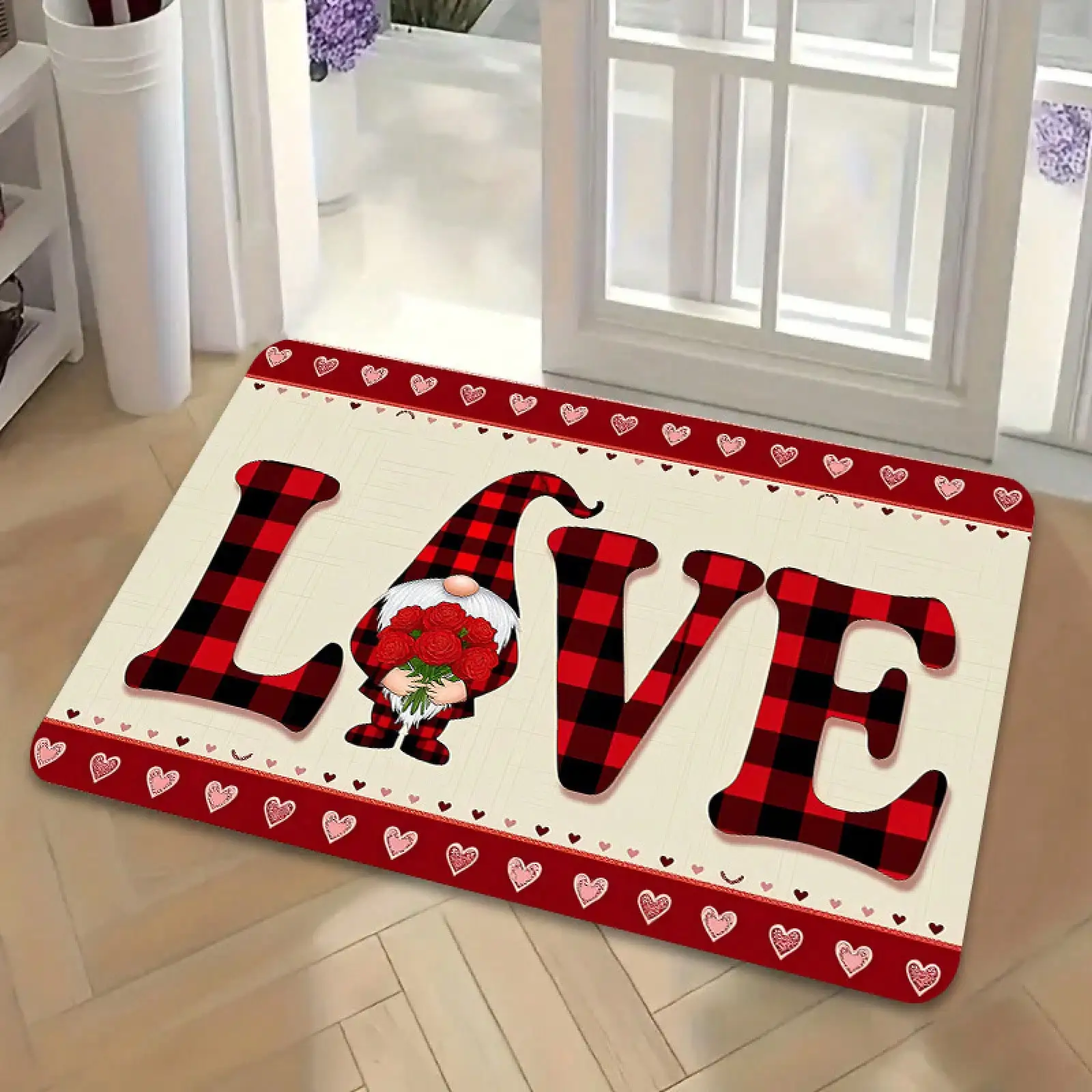 1pc Red & Black Checkered Heart Welcome With LOVE Lettering - Non-Slip Heavy-Duty, Washable /Outdoor Xmas, Winter Decor, Pet-Friendly Entryway (Polyester Fiber)