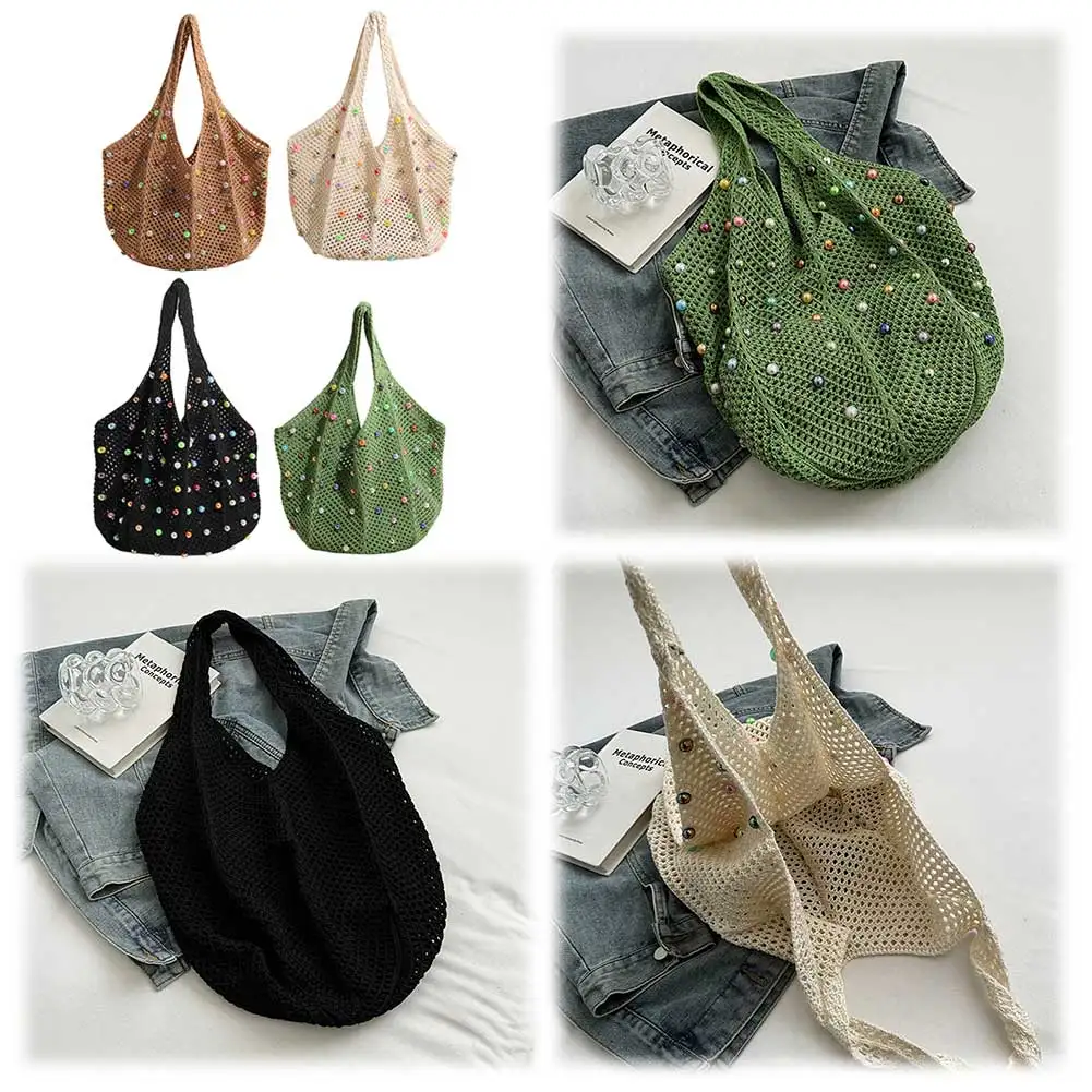 

Women Knitting Shoulder Bag with Colored Beads Aesthetic Knit Bag Large Capacity Knitted Tote Handbag Female Summer Bag