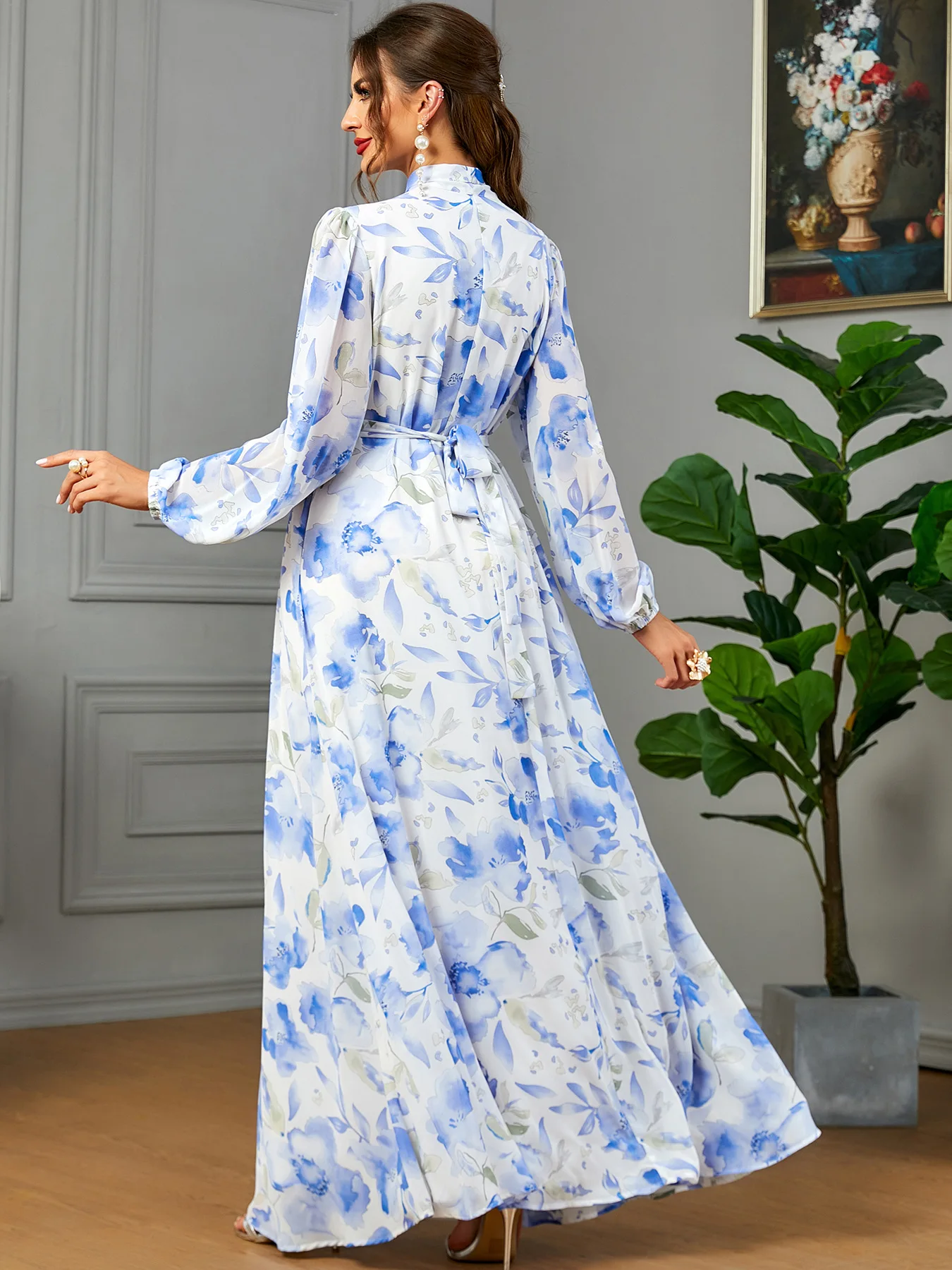 Fashion Elegant Blue Chiffon Printing Party Dress Moroccan Caftan For Women Jalabiyat Turkish Islamic Belted Clothing 3573