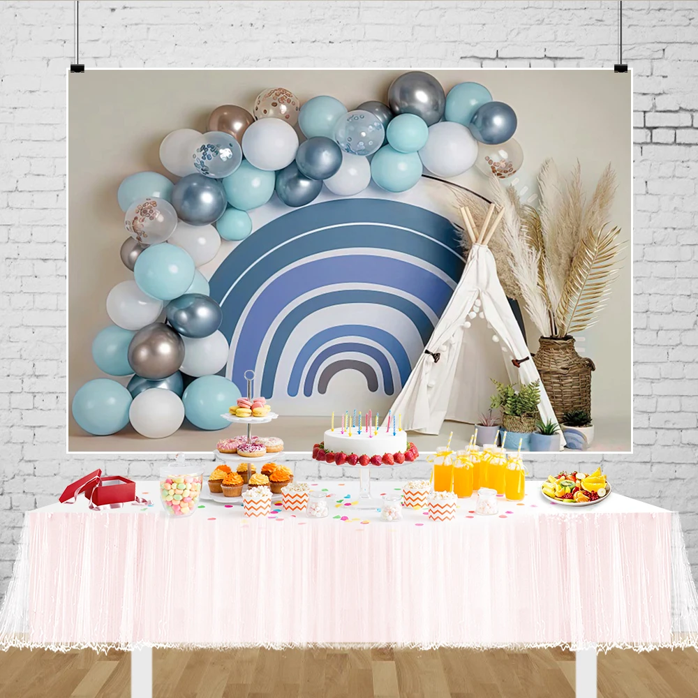 Laeacco ทารกแรกเกิด1st วันเกิดฉากหลังสำหรับ Photo เค้ก Smash Boy Blue บอลลูนเต็นท์ภายใน Props พื้นหลังการถ่ายภาพ