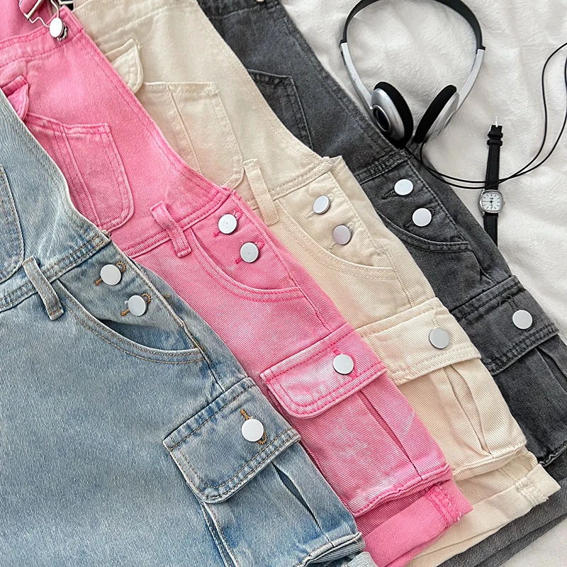 Fashion Cargo Denim Suspender Shorts Summer Double-pocket Jumpsuit Women Casual Wide-leg Straight Short Jeans