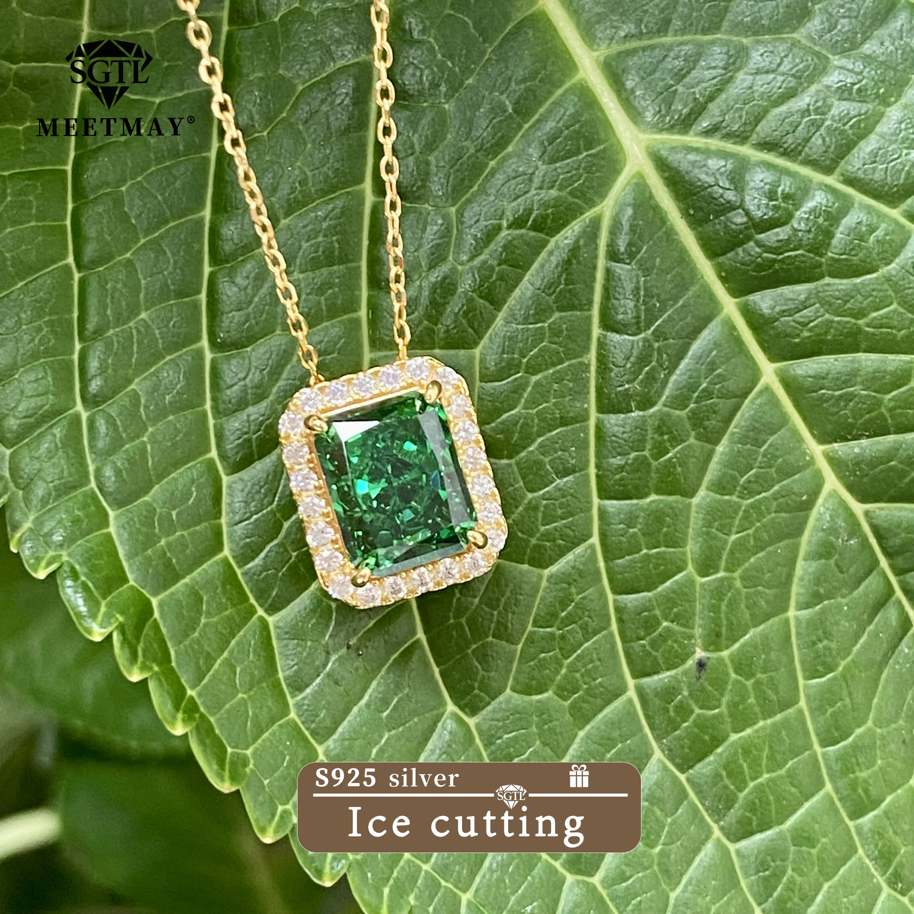 Bocarman Mintgrüner rechteckiger Anhänger aus S925-Silber, platiniert, mit eisgeschnittenem Zirkon, Halskette für Damen, hypoallergener Schmuck – Detail 10