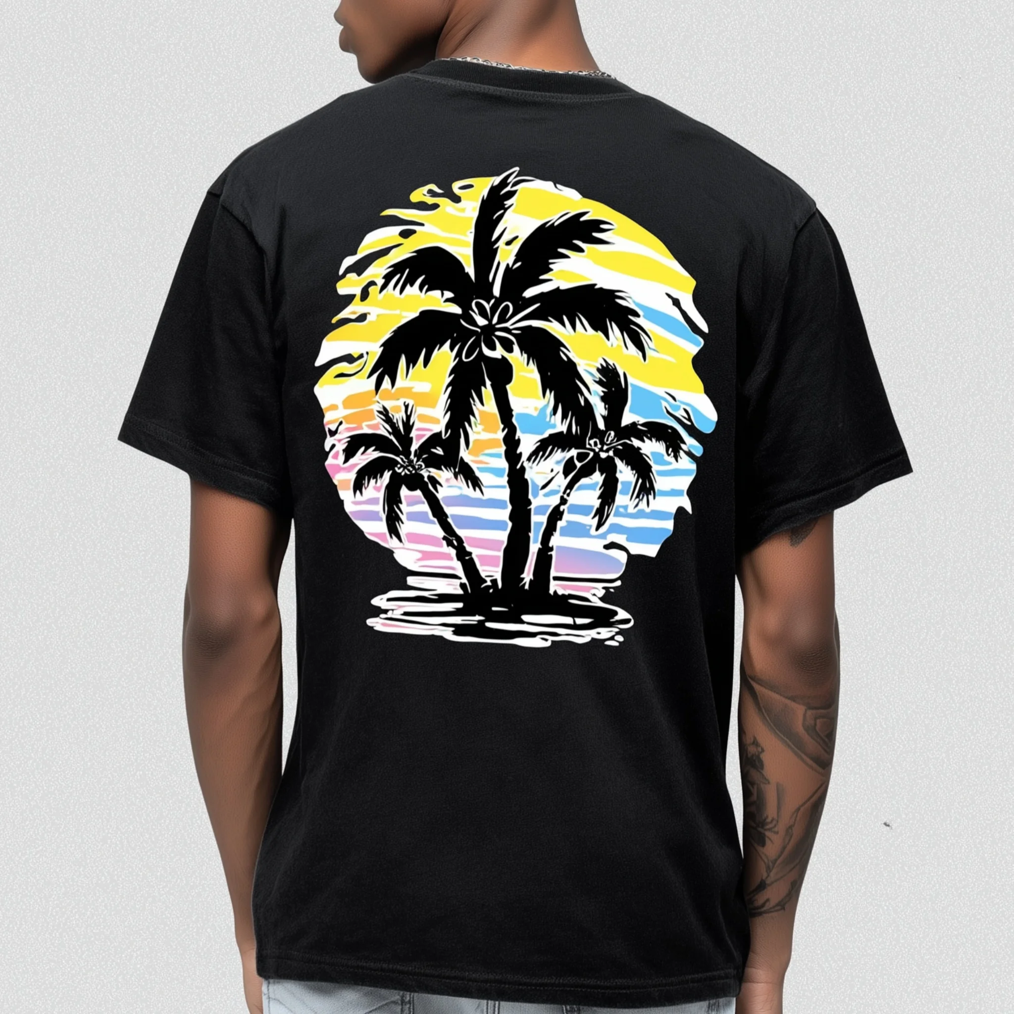 

Teevo Black Short Sleeve T-Shirt with Palm Tree Sunset Print for Casual Wear