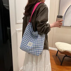 Women's Bag Fashion Canvas Bucket Bag Contrast Color Plaid Single Shoulder Fabric Bag Sweet Cool Style Beach Bag Large Tote Bag