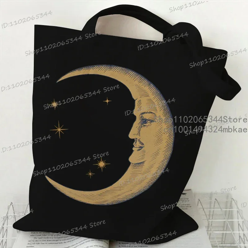 Vintage Moon and Sun Print Women Shoulder Bag Funny Fashion Sun Moon Flower Butterfly Pattern Shopping Bag Ladies Canvas Handbag