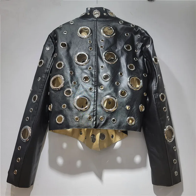 New Design Colorblock Metal Round Hole Hollow Out Spice Girls Short Leather Jacket Stand Collar Slim Full Sleeve PU Leather Coat