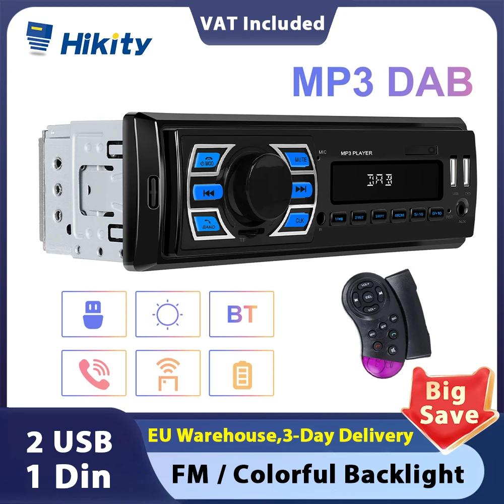 Hikity 1DIN In-Dash Car Radio Stereo DAB radio with Bluetooth FM Radio MP3 Player USB/SD/AUX-IN with Type-C charging port