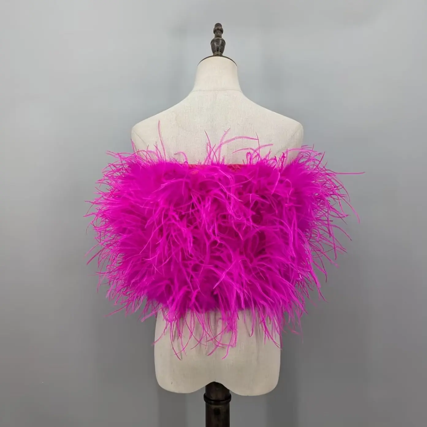 Women Hot Pink Real Ostrich Feather Strapless Tube Top Off Shoulder Fluffy Crop Bustier Wedding Party Banquet Club Top 21A0701