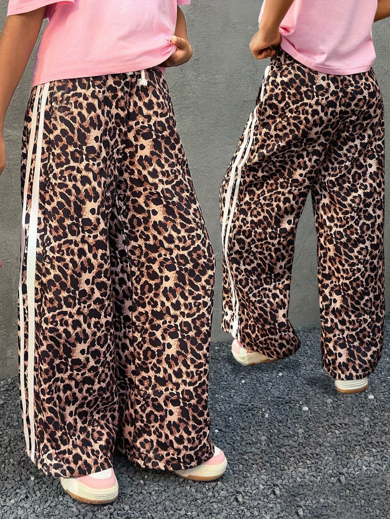 Kids Girls Leopard Print Wide Leg Pants Elastic Waist Side Stripe Casual Streetwear Trousers