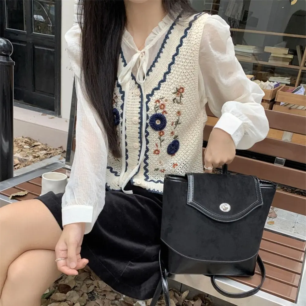 Outerwear National Style Knitted Vest Flower Loose Knitted Sweater Vest Casual Sleeveless V-neck Sweater Girls