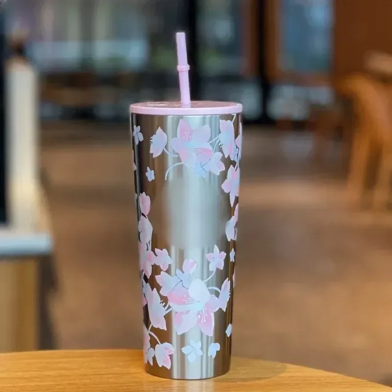 

New Original North American Limited Edition Pink Cherry Blossom Girl'S Heart Stainless Steel Car Cup Outdoor Companion Straw Cup