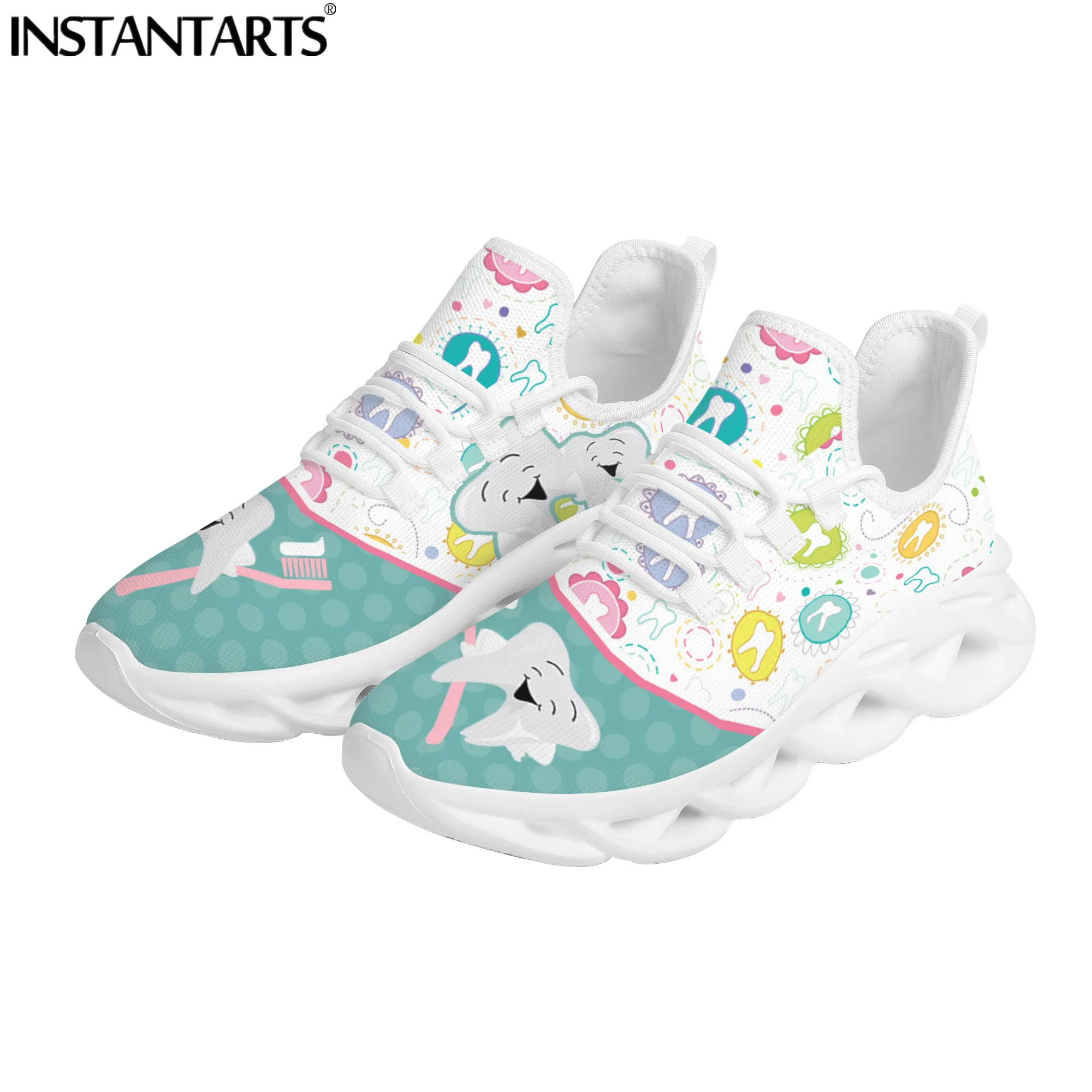 INSTANTARTS Women Flats Cartoon Dentisit Tooth Pattern Casual Shoes Breathable Mesh Female Sneakers Work Comfort Zapatos Mujer