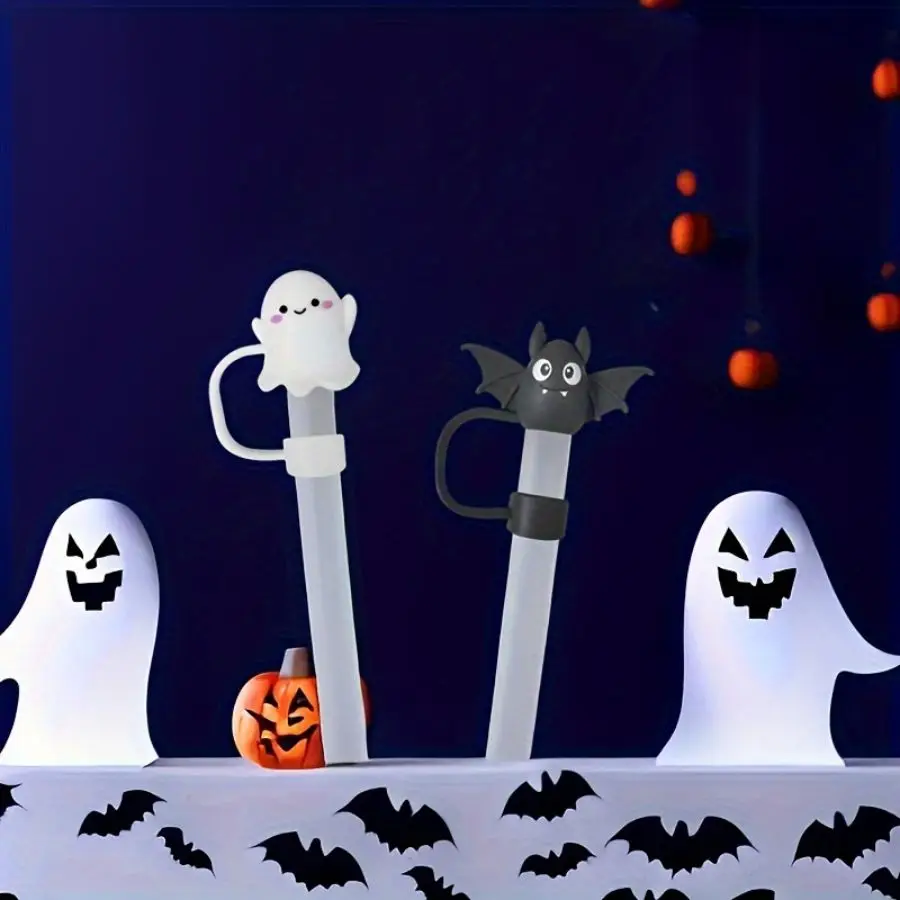 Halloween Silicone Straw Cover: Cute Ghost, Bat, Witch Hat and Pumpkin Design - Suitable for 10mm Straw