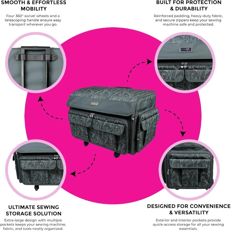 XXL Rolling Sewing Machine Case Grey Floral Craft Bag with 4 Wheels Ideal for Storing and Transporting Embroidery Machines from