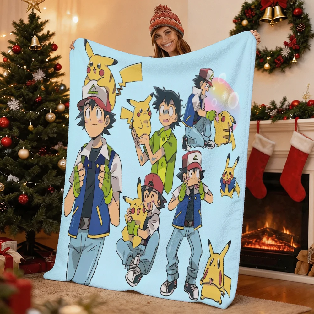Pokemon Ash Pikachu Flannel Blanket Soft Warm Throw Blanket for Sofa Bedroom Home Gift