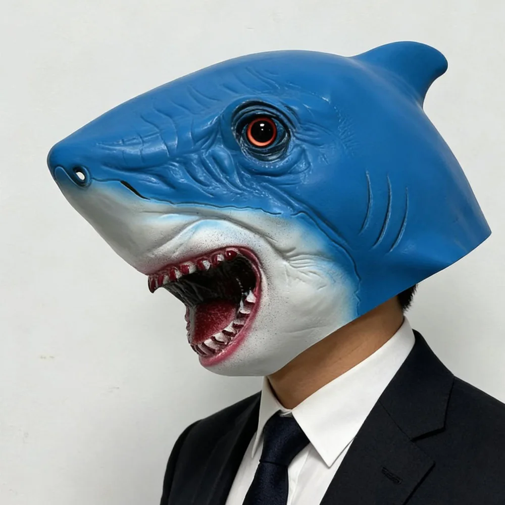 

Funny Shark Hood Mask Cosplay Marine Organisms Blue Shark Latex Masks Halloween Carnival Dress Up Party Costume Props