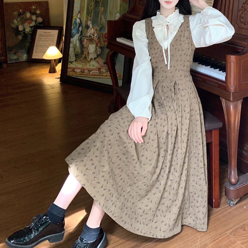 Velluto a coste floreale retrò dolce marrone Dr Autunno Inverno plus Size Gilet interno per studenti irt Set a due pezzi Gonna a trapezio a vita alta