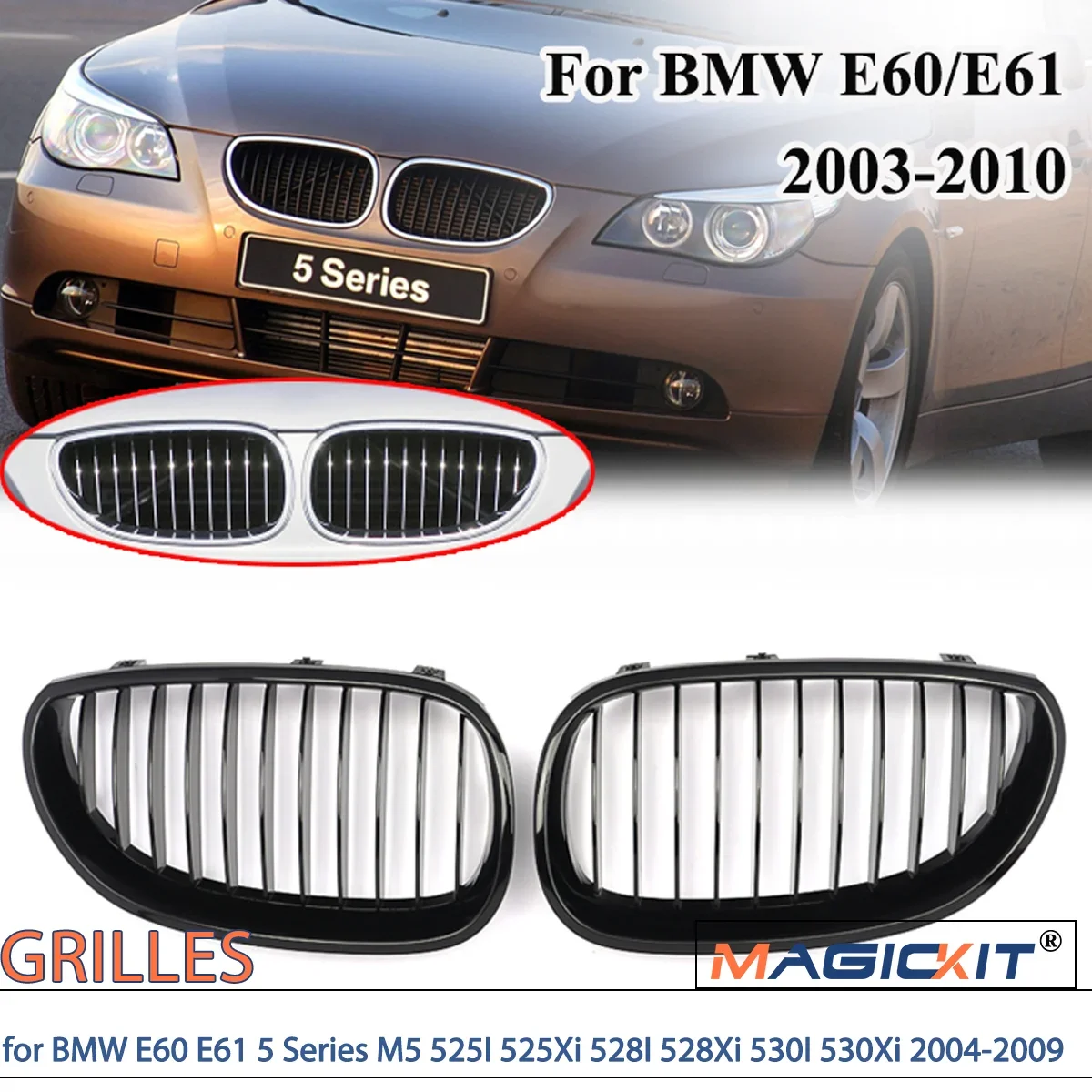 MAGICKIT One Pair Front Grilles for BMW E60 E61 5 Series M5 525I 525Xi 528I 528Xi 530I 530Xi 2004-2009 Gloss Black Accessories