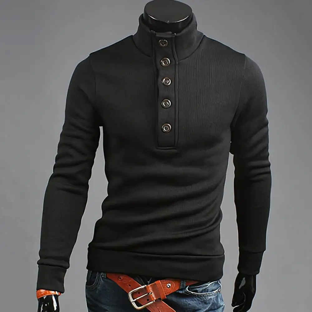 Men Fall Winter Sweater Button High Collar Long Sleeve Slim Fit Thick Warm Elastic Solid Color Mid Length Men Pullover Sweater