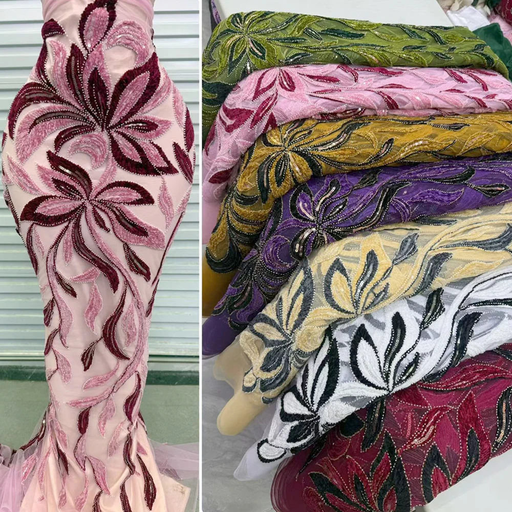 

Африканская бархатная кружевная ткань 2025, высокое качество, расшитая блестками и бисером, нигерийское тюлевое кружевное женское платье с вышивкой, свадебное праздничное платье