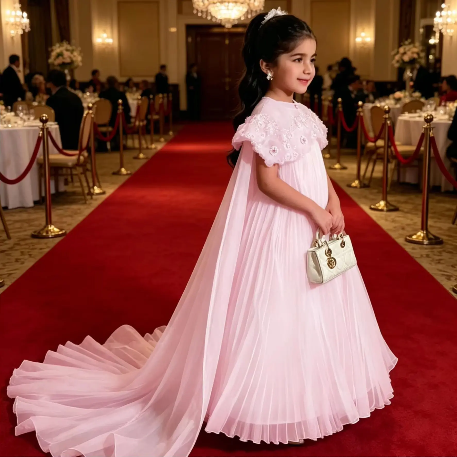Princess Flower Girl Dress For Wedding Pleated Tulle Cape Floor Lenght Kids Birthday Party First Communion Gown Custom