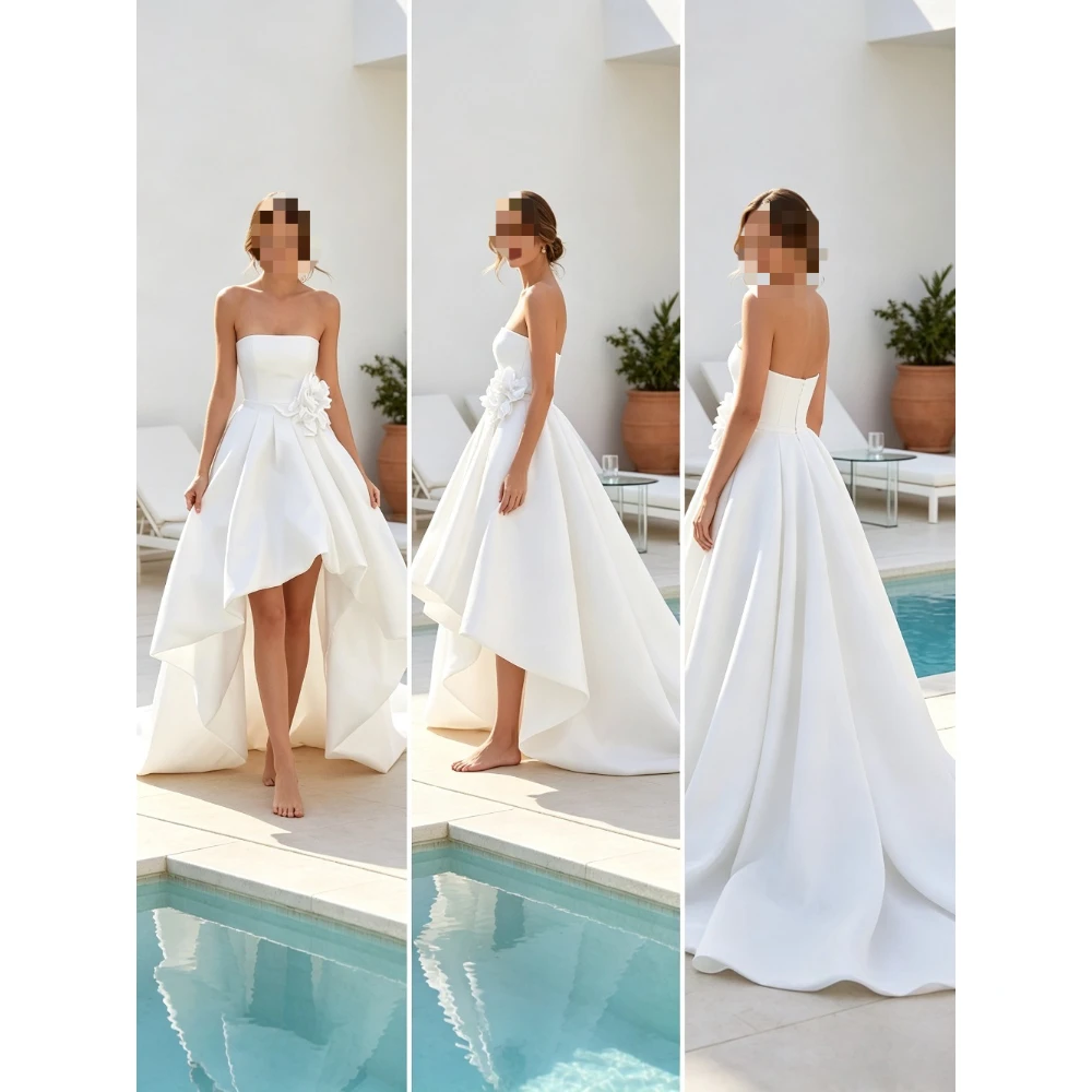 Customized Modern Strapless Satin Wedding Dress High and Low Tails Handmade Floral Minimalist Bridal Gown Suitable for Summer