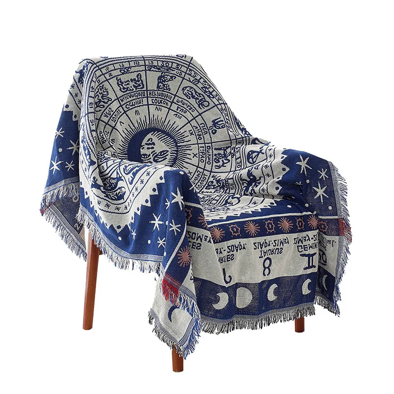 Inyahome Boho Woven Throw Blanket Reversible Cotton Bohemian Tapestry Hippie Room Decor Witchy Astrology Zodiac Celestial Carpet