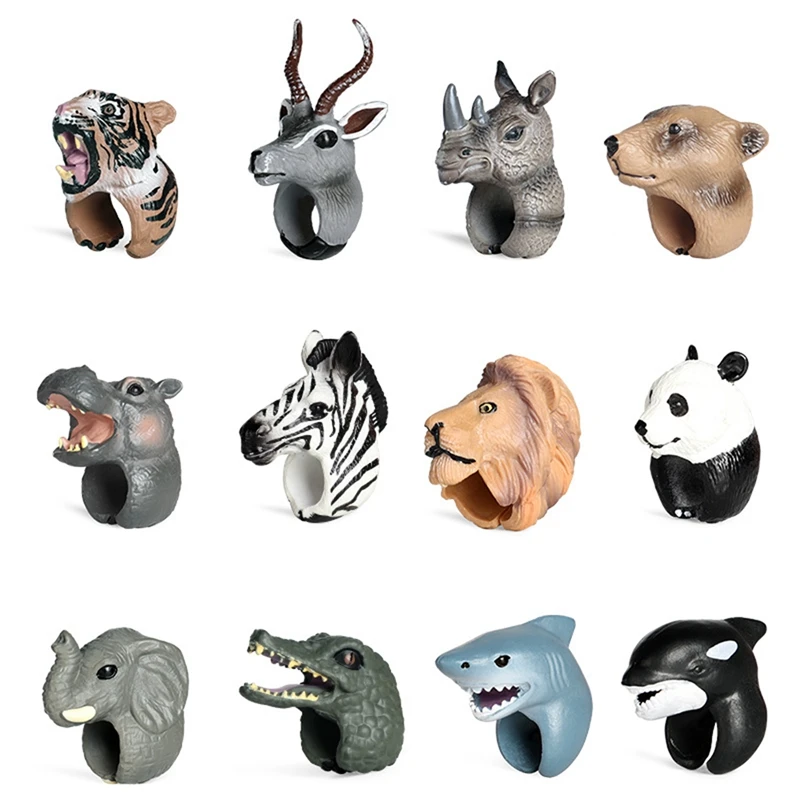 Marioneta de mano de Animal para niños, 12 piezas, elefante de dibujos animados 3D, León, Panda, Tigre, anillo de marionetas, juego de vestir