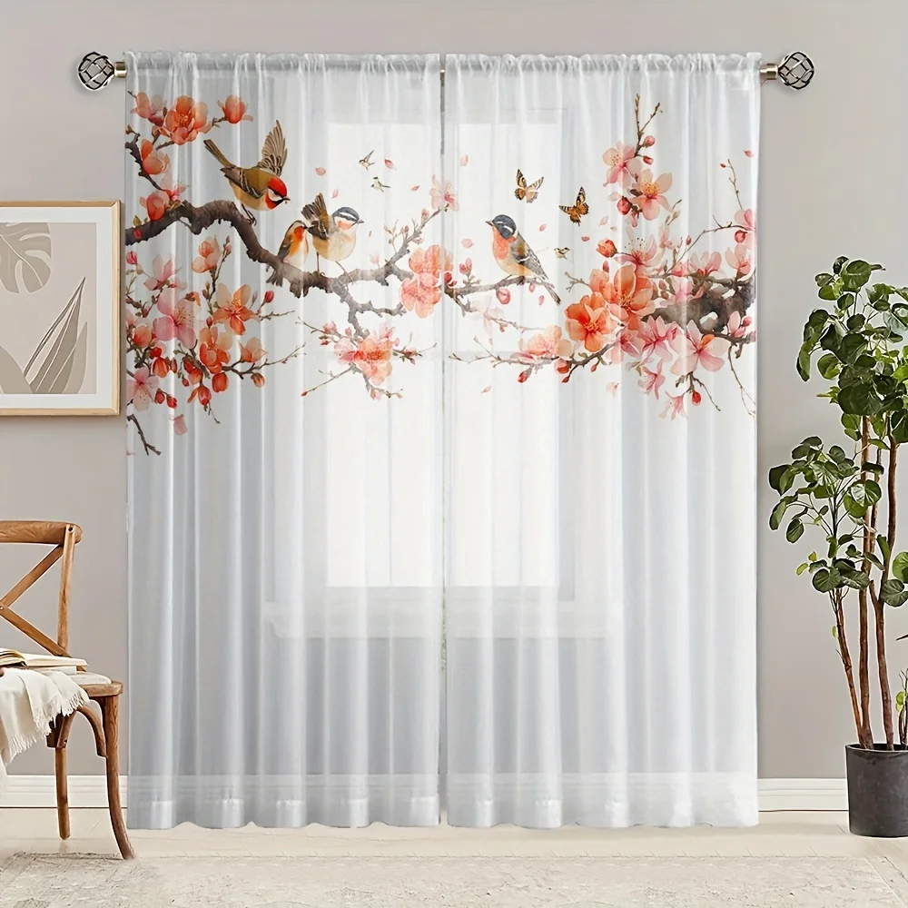 2pcs Flower Pattern Semi-sheer Voile Curtains Window Drapes Window Treatments For Bedroom Living Room Home Decoration Room Decor