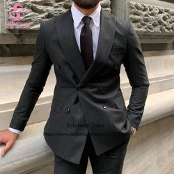 Winter Wool Tweed Suits For Men Slim Fit 2 Piece Jacket Pants Set Male Business Blazer Formal Groom Wedding Peaked Lapel Tuxedo