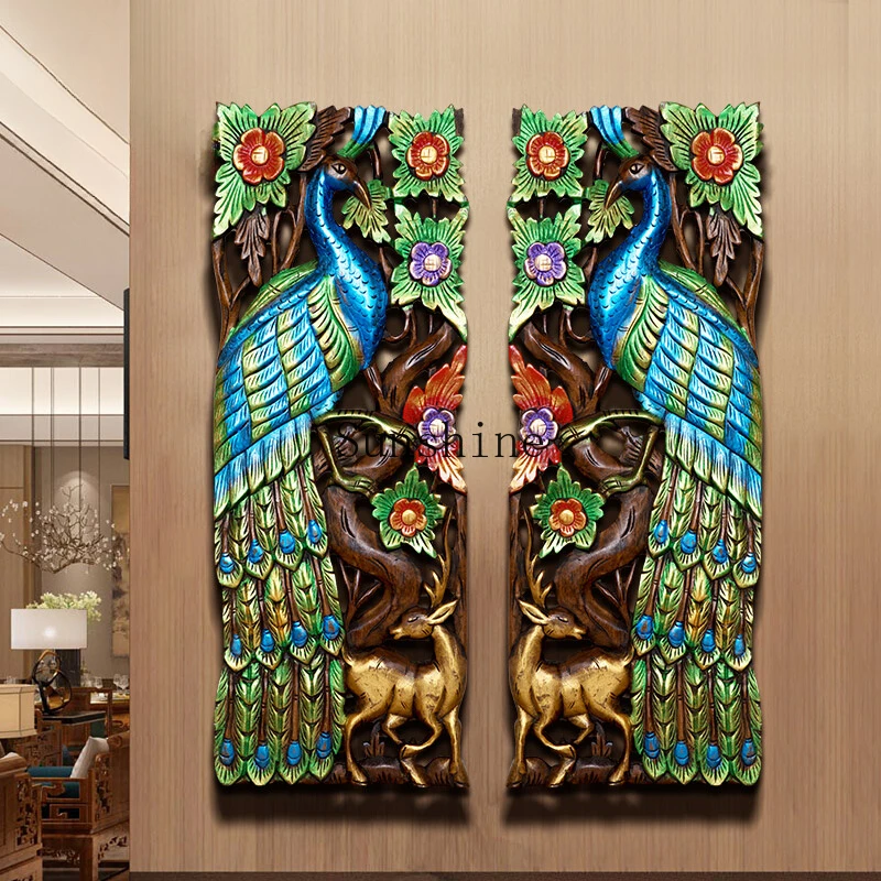 

South East Asia style wood carving wall decoration Thai painting peacock carving