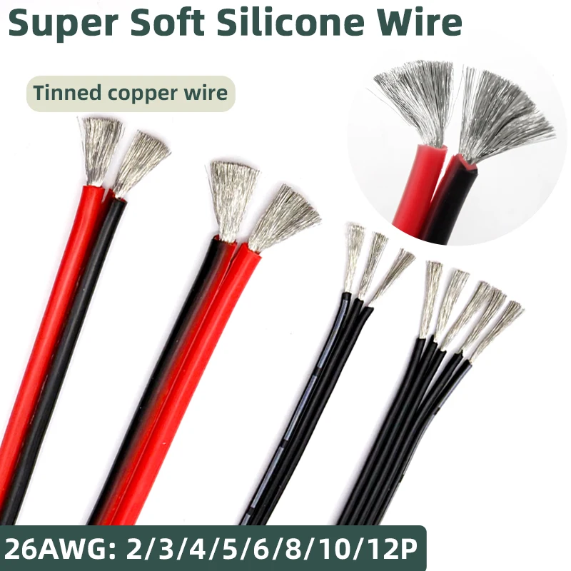  1M/200M Heat Resistant cable Multi Core Parallel 26AWG Ultra Soft Silicone Wire High Temperature Flexible Copper Black Red