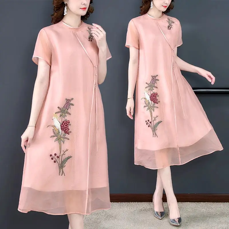 

National Style Mulberry Silk Dresses Stand Collar Flower And Bird Embroidery Summer Short Sleeve Loose Women's Dress Z2009