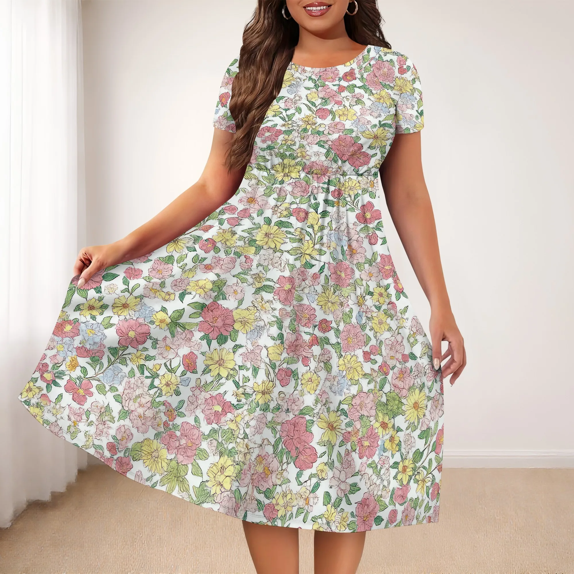 

Women's Dress Short Sleeve Casual Loose Swing Midi Dresses Pleated Summer A Line Ruffle Flowy Beach Vacation Dress