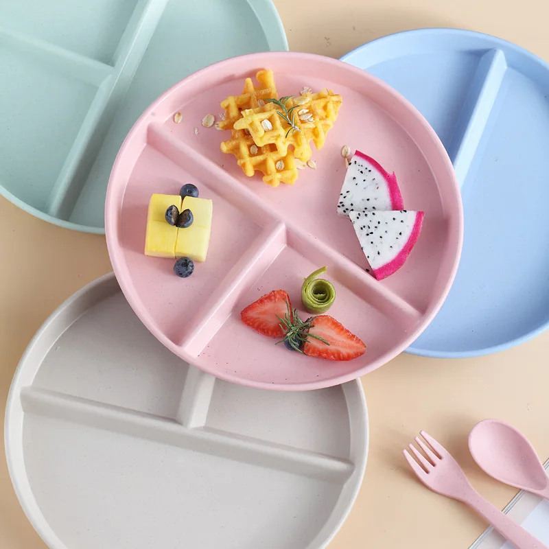 Wheat Straw Divided Plate 3 Compartment Portion Control Round Diet Plate Plastic Meal Prep Plate Set Kitchen Eco Friendly