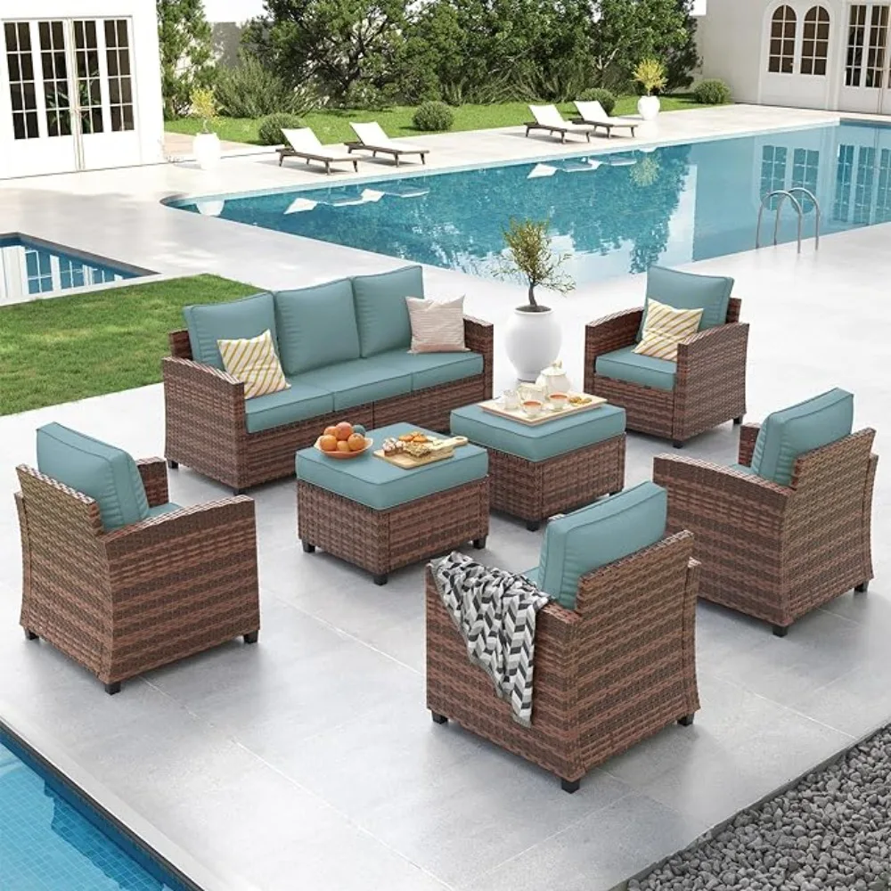 

7 Pieces Outdoor Patio Furniture Set 4 X Single Chair, 2 X Ottoman and 3-Seat Sofa with Cushions Outdoor Wicker Conversation Set