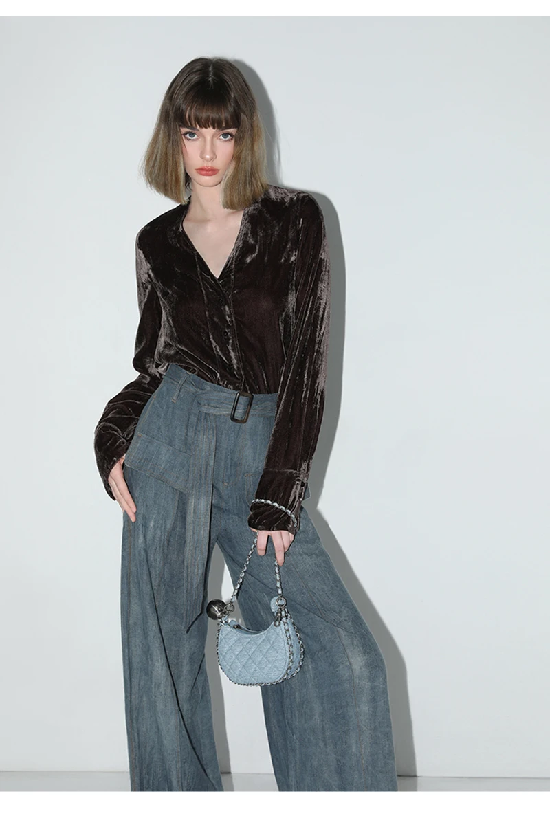 Luxury Style Silk Velvet Women's Shirt Long Sleeve V-neck Long Sleeve Simple and Fashionable Urban Clothing Shiny and Lustrous