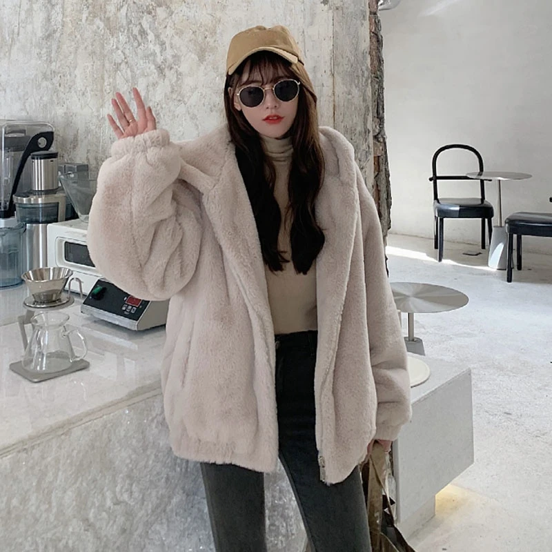 2022 All-match Winter Women Mid-Length Imitation Rabbit Jacket Thick Hooded Zipper Loose Hoodie Ladies Parka Coat